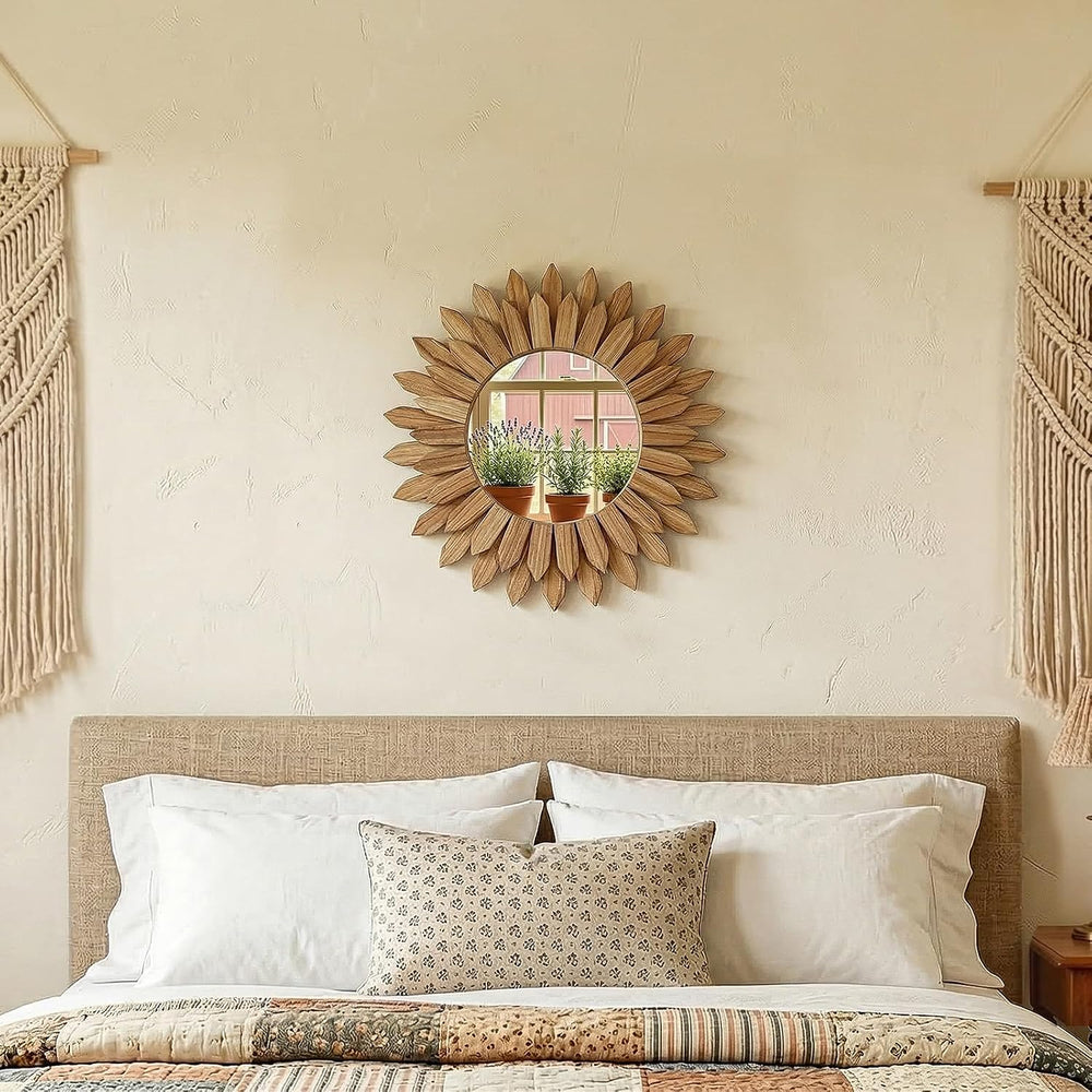 24" Round Sunburst Wooden Mirror Boho Rustic Wall Decor