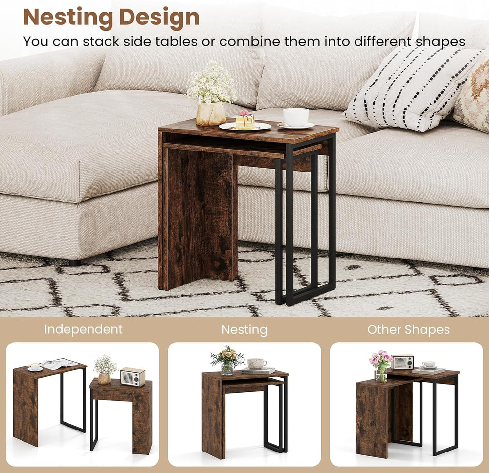 GOFLAME Nesting Coffee Table Set of 2, Wood Nesting Side Tables with Sturdy M...