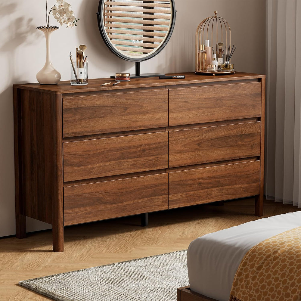 Furniway 55.1" Wide 6 Drawer Wood Dresser for Bedroom with Legs, Walnut