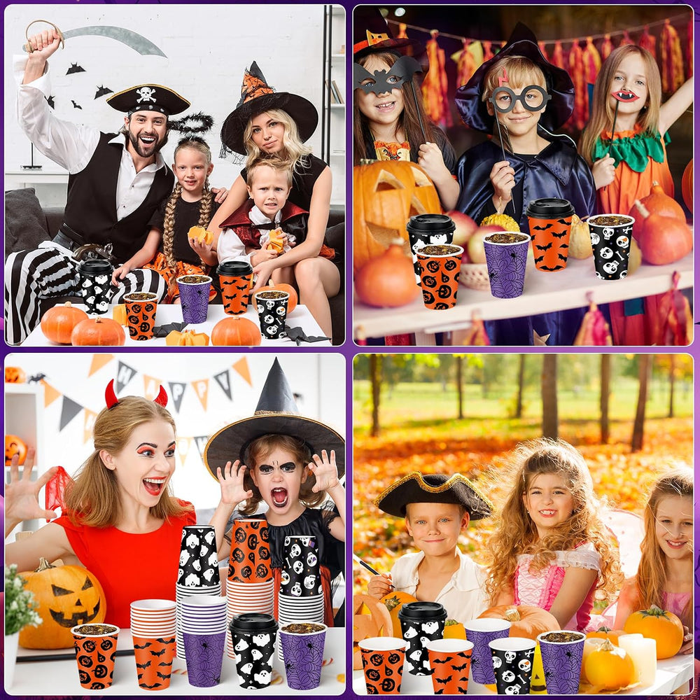 100 Set Halloween Disposable Coffee Cups with Lids 12oz, Bulk Black Orange Pu...