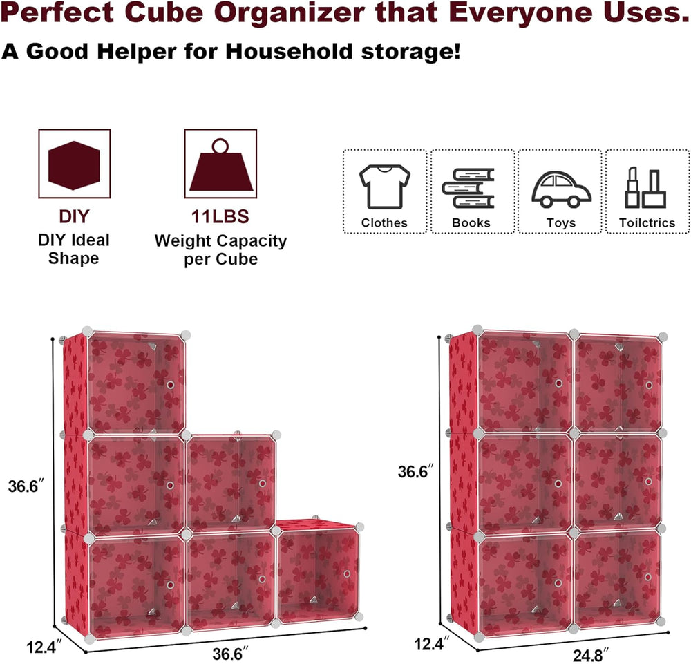 C&AHOME Clover Embossed 6-Cube Storage Organizer with Doors Cube Shelf Red