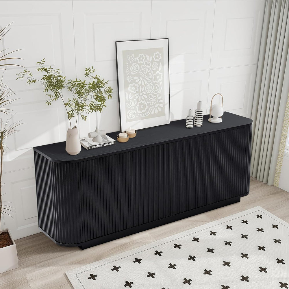 64" Fluted Black Sideboard Cabinet Buffet Cabinet with Storage