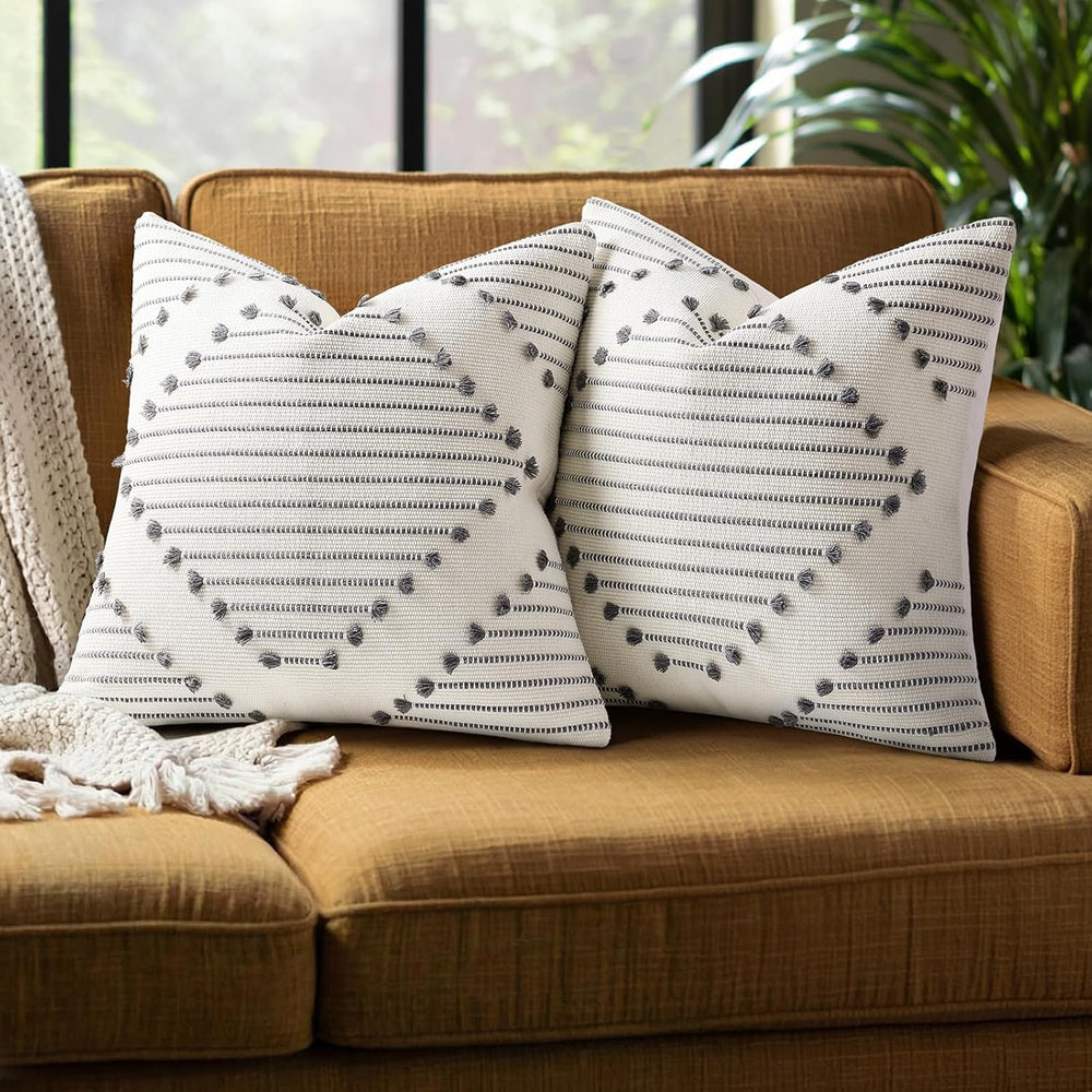 Mecatny Boho Outdoor Throw Pillow Covers 20x20 Set of 2 Grey & Cream White