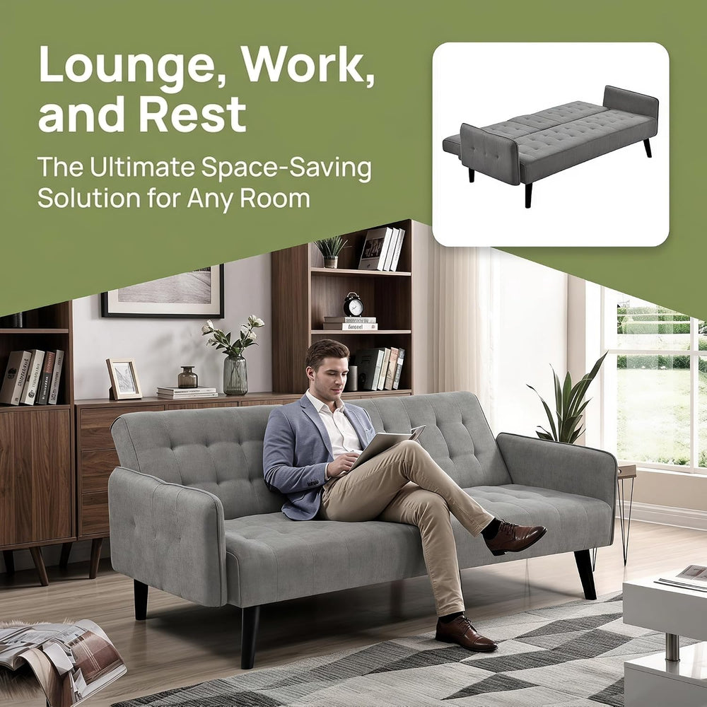72" Futon Sofa Bed, Convertible Sleeper Sofa with Cup Holder, Gray