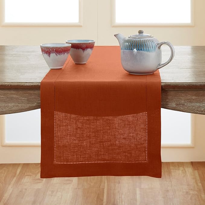 Solino Home Linen Hemstitch Table Runner 36 Inches - 100% Pure Linen Cinnamon...