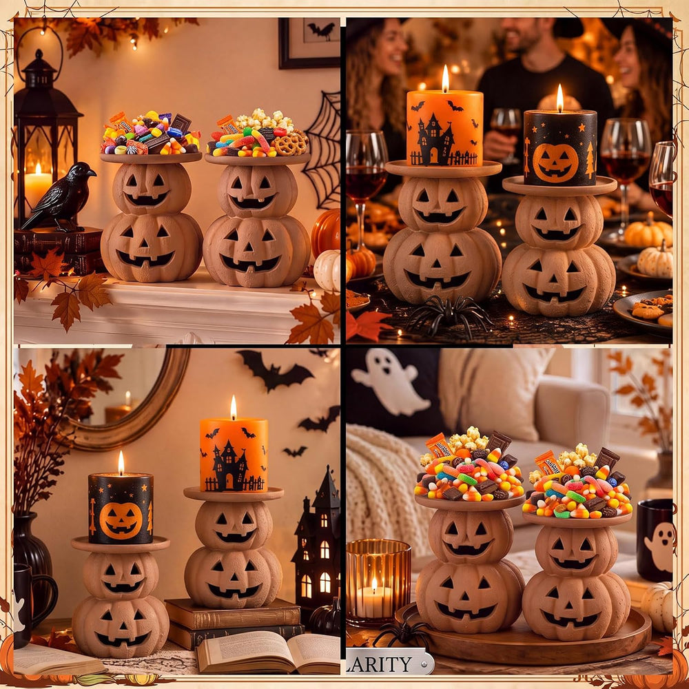 2 Pcs Halloween Terracotta Pumpkin Candle Holder Jack O Lantern Table Decor