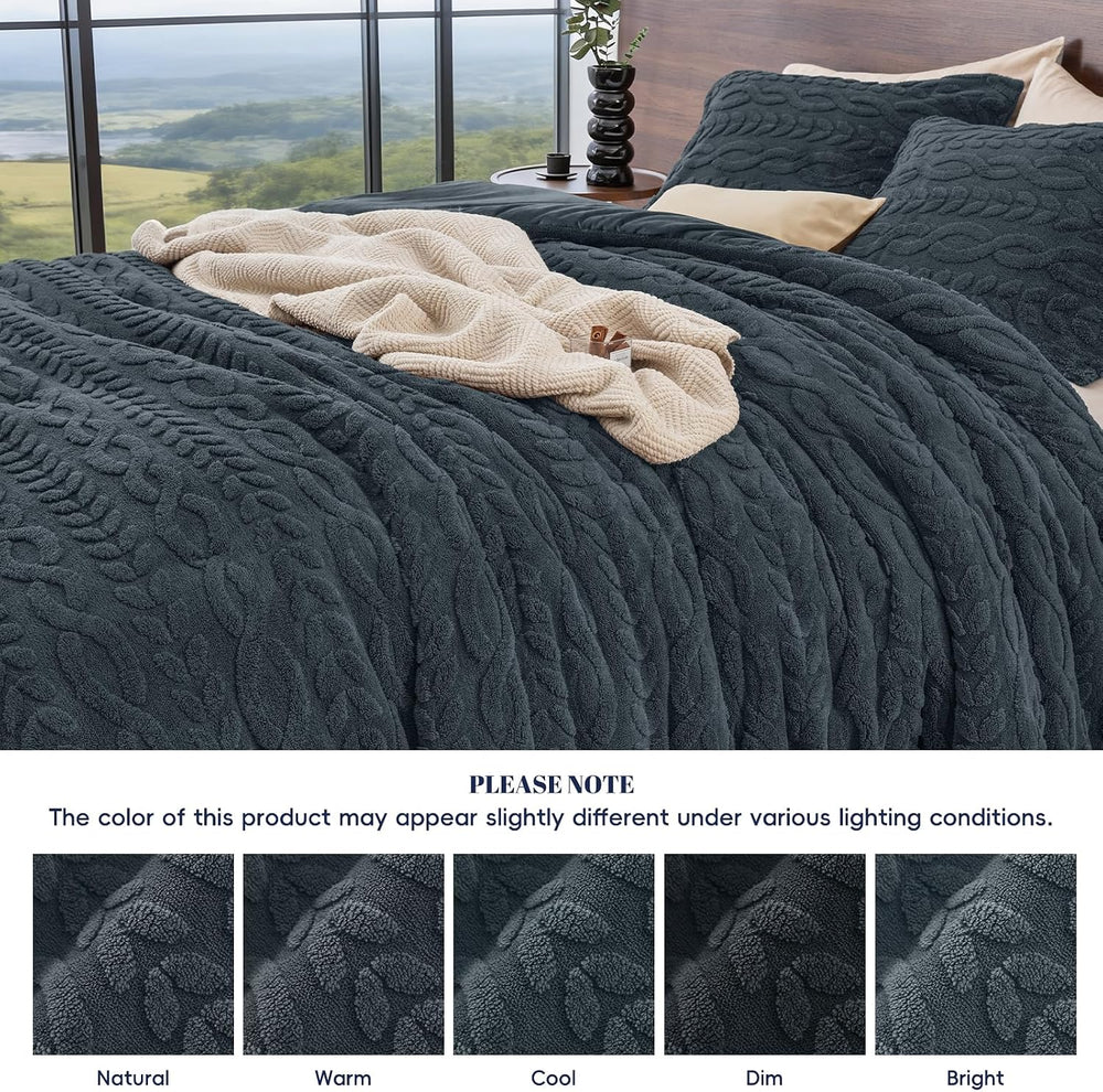 PHF Fluffy Sherpa Fleece Queen Comforter Set, 3 Pieces Warm Fuzzy Soft Beddin...