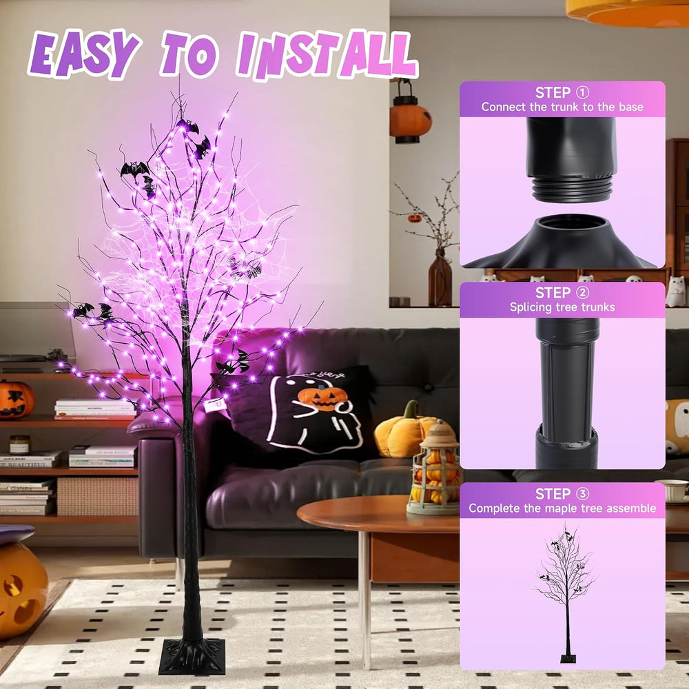 Halloween Lighted Tree with 260 LED Lights, 6FT Black Halloween Tree with Tim...