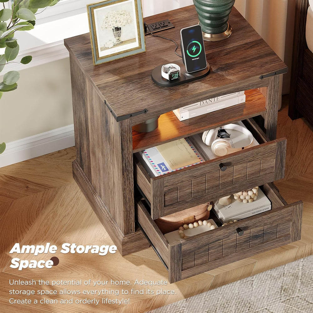Vabches Nightstand with Charging Station and LED Lights, Vintage End Table wi...