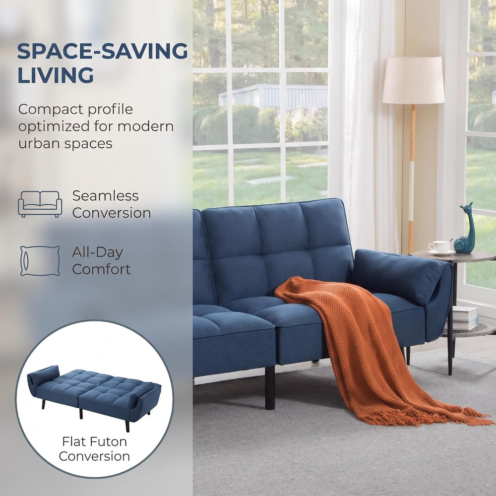 Linen Convertible Futon Couch Bed with Adjustable Backrest, Blue