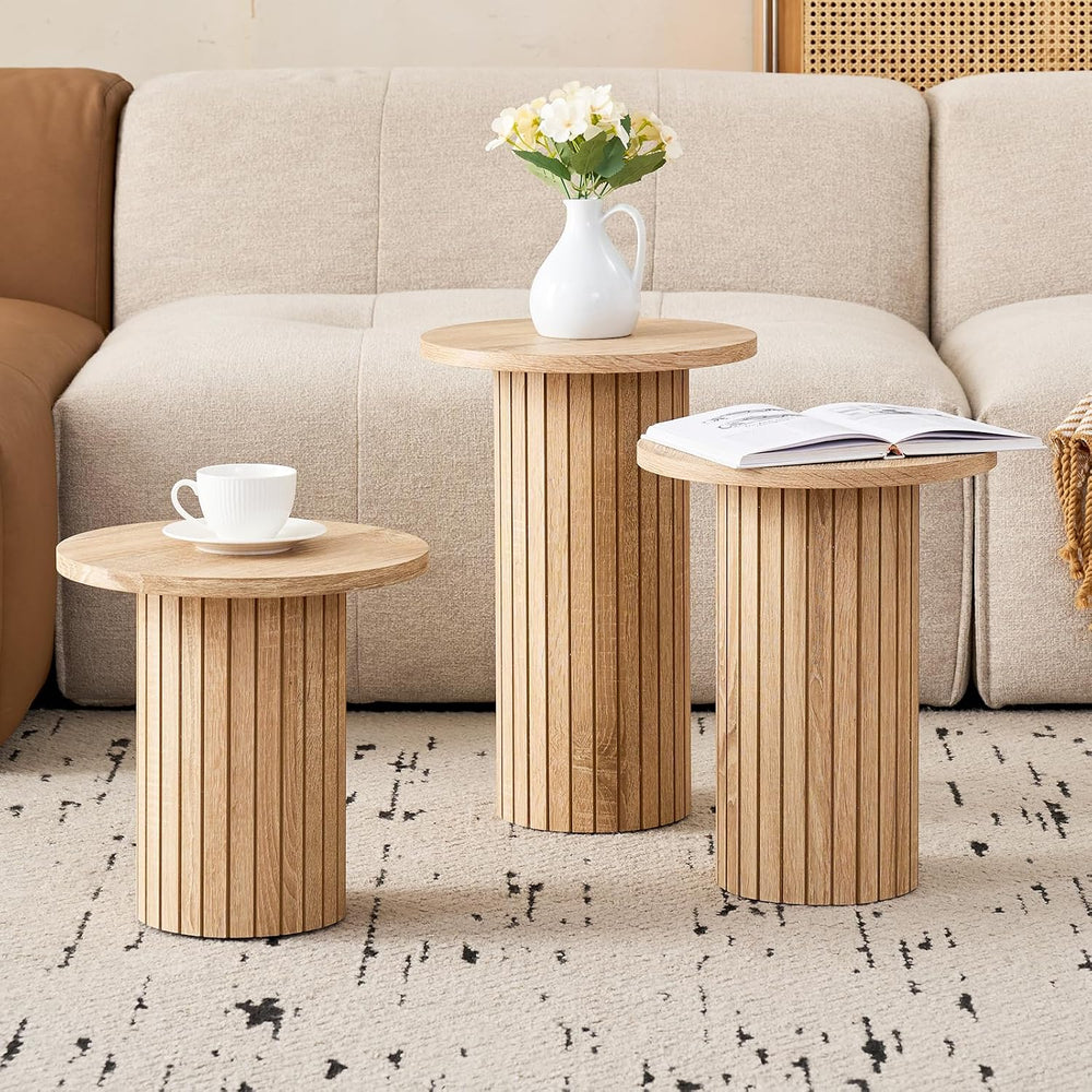 3-Piece Nesting Coffee Table Set, Modern Small Round Wood Side Tables, Fluted...