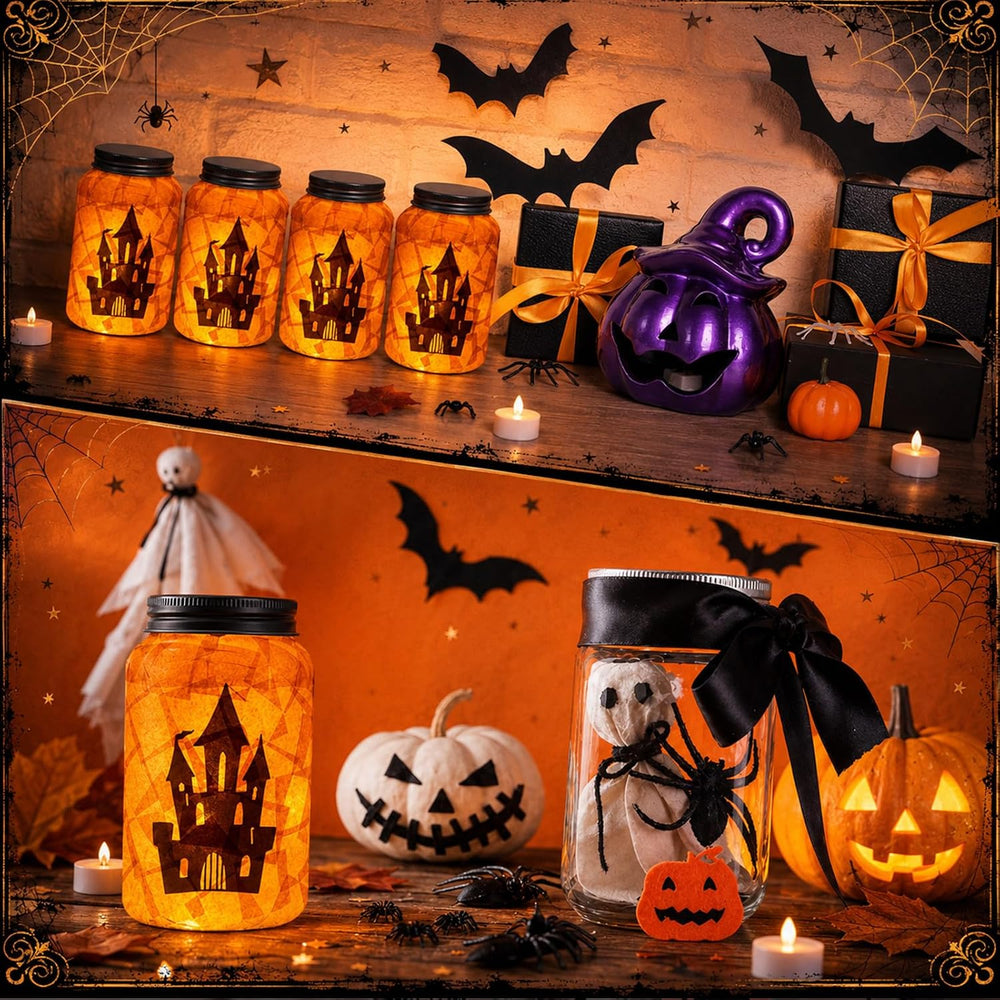 Qinyoung 12 Pcs Halloween Crafts Haunted House Mason Jars with LED Light