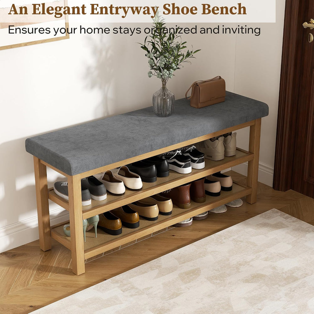 2 Tier Shoe Rack Bench with Cushion, Rubberwood Shoe Benches, Mid-Century Mod...