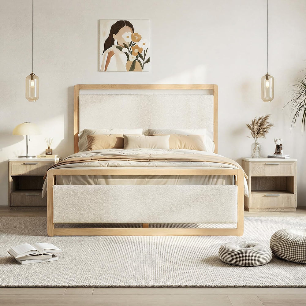 KISLOT Queen Wood Platform Bed Frame with Boucle Upholstered Headboard, Mid-C...