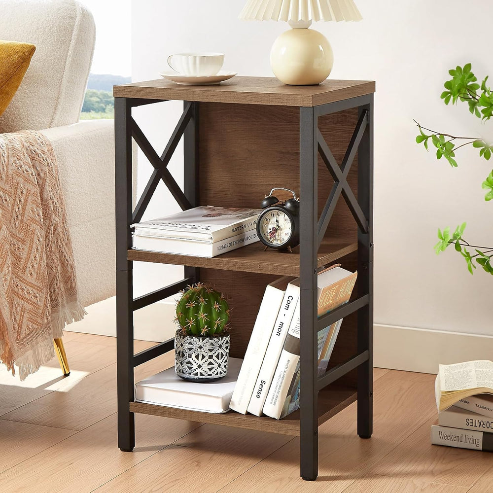 MNEETRUNG Small Bookshelf, 3 Tier Industrial Shelf with Metal Frame and Backb...