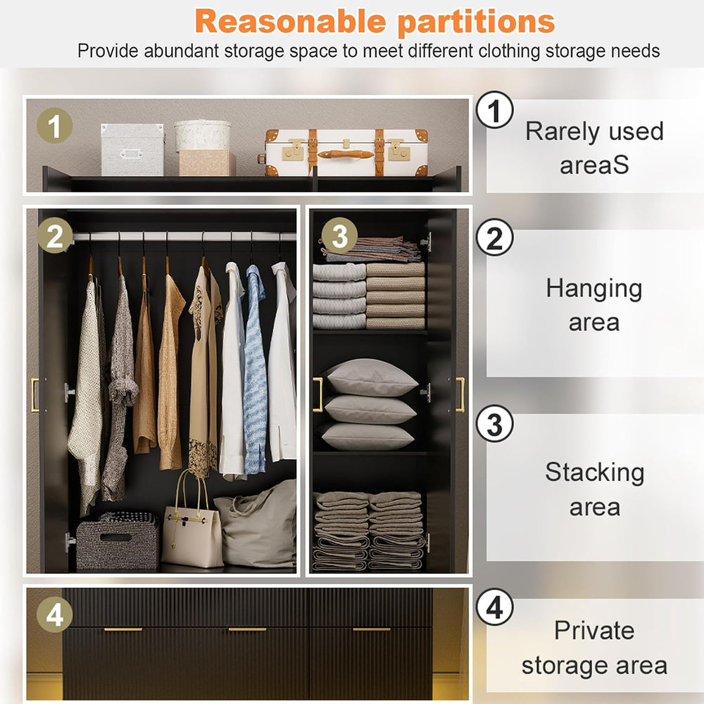 PAKASEPT Armoire Wardrobe Closet with 3 Door, Mirror, LED Lights