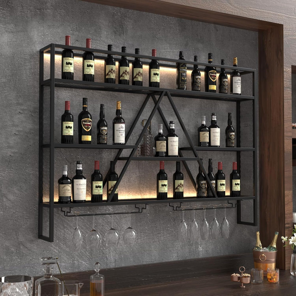 47" Wall Bar Shelves with LED, Wall Mounted Liquor Shelf & Glass Holder