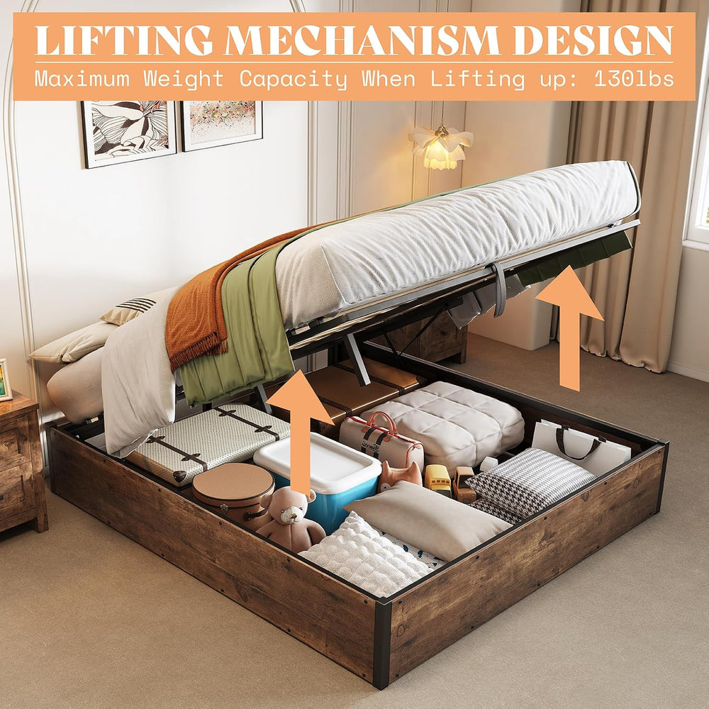 AMERLIFE Full Lift Up Storage Bed Frame, Rustic Brown