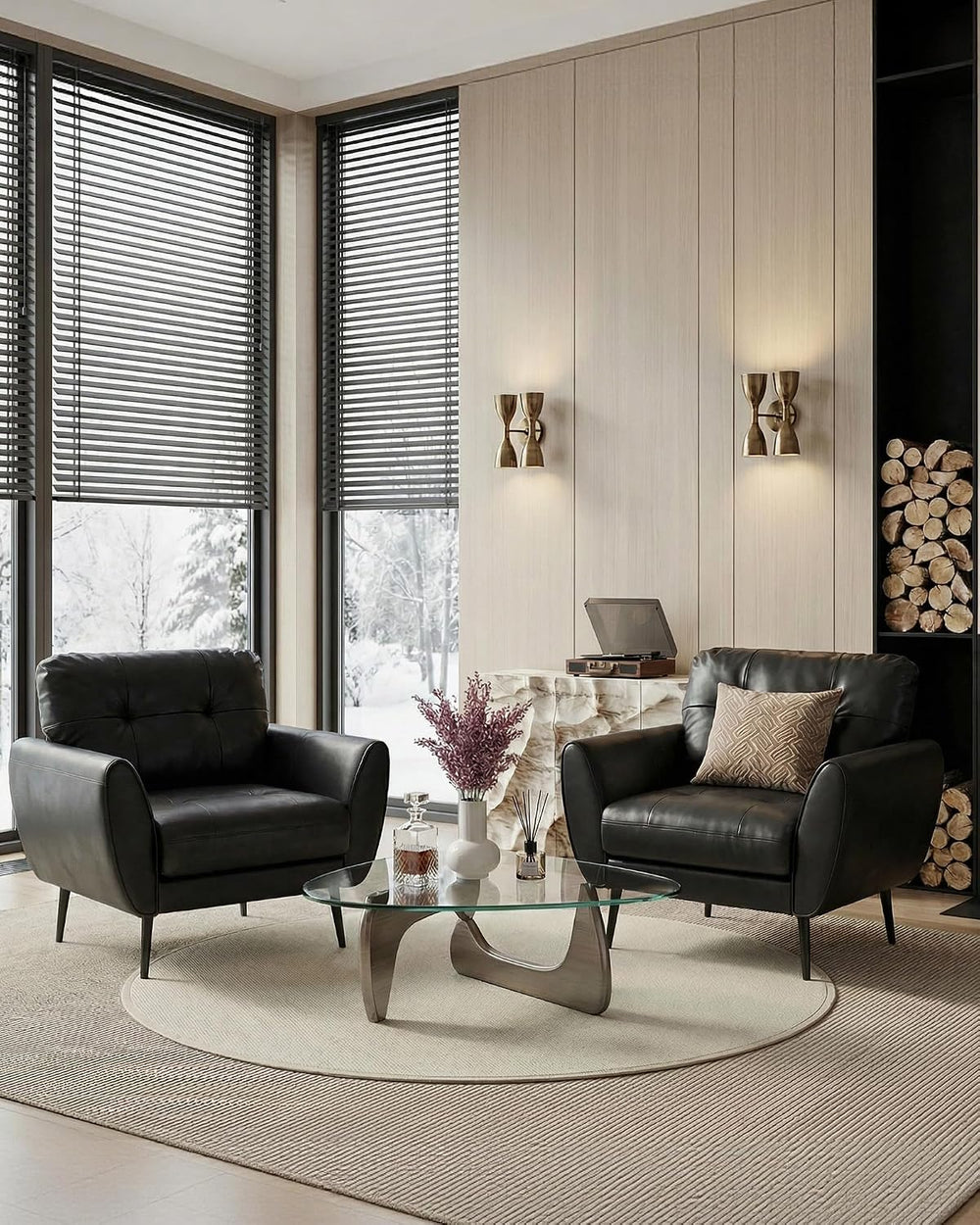 Black Leather Accent Chairs Set of 2, Tufted Reading Chairs for Living Room