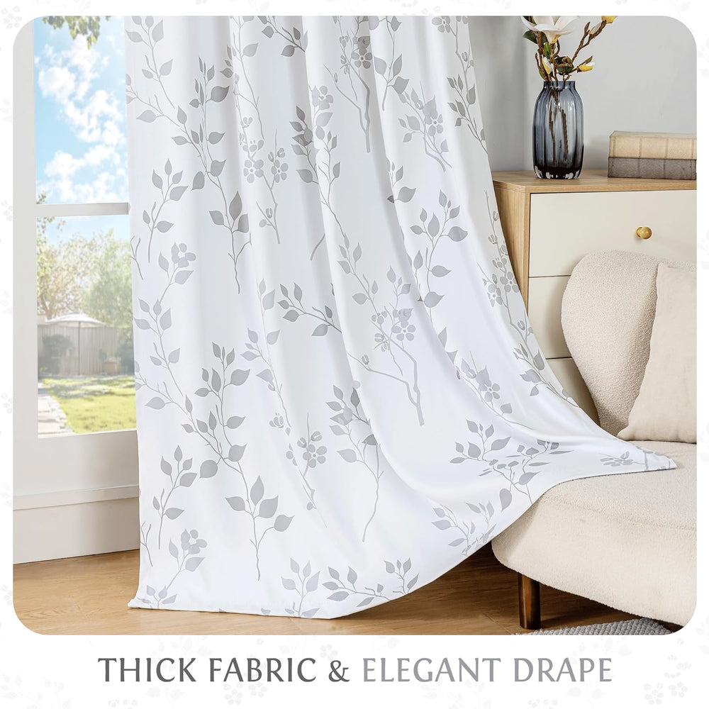 Beauoop Floral 100% Blackout Curtains for Bedroom Grey White 52X84 2 Panels