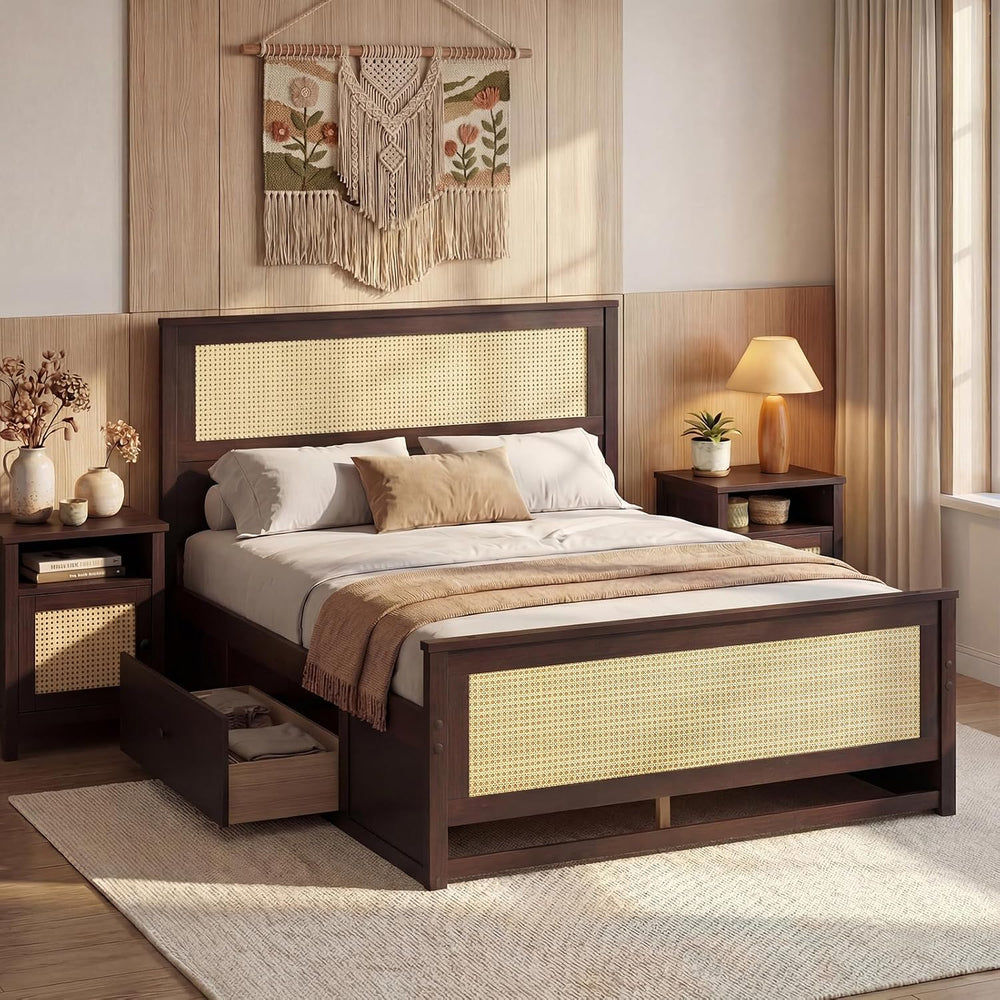 KOMFOTT Full Size Bed Frame with 2 Drawers, Rattan Bed Frame (Espresso)