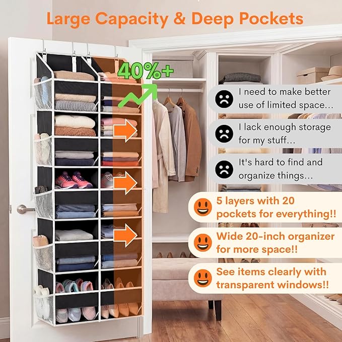 Over the Door Organizer 5 Tiers, Extra Large Behind Door Storage of 10