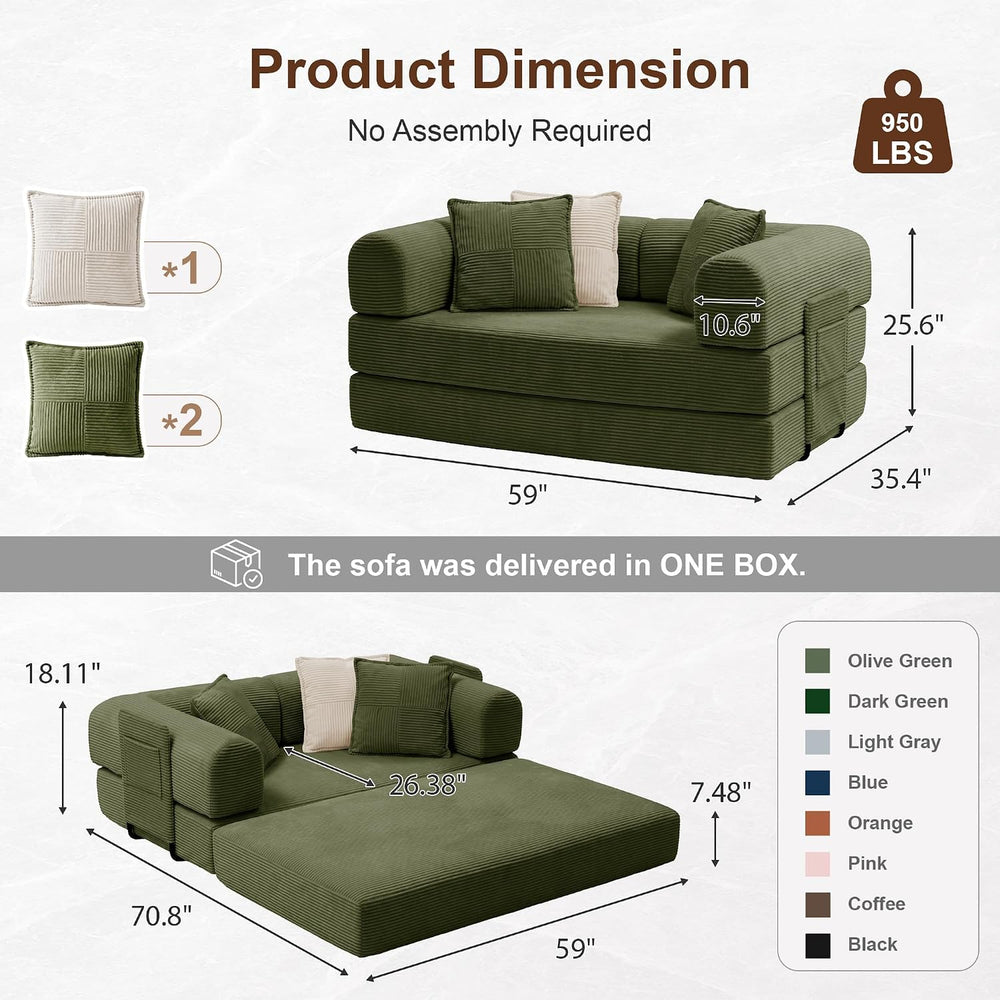 59" Convertible Futon Sofa Bed, Boneless Couch with Storage Pocket &...