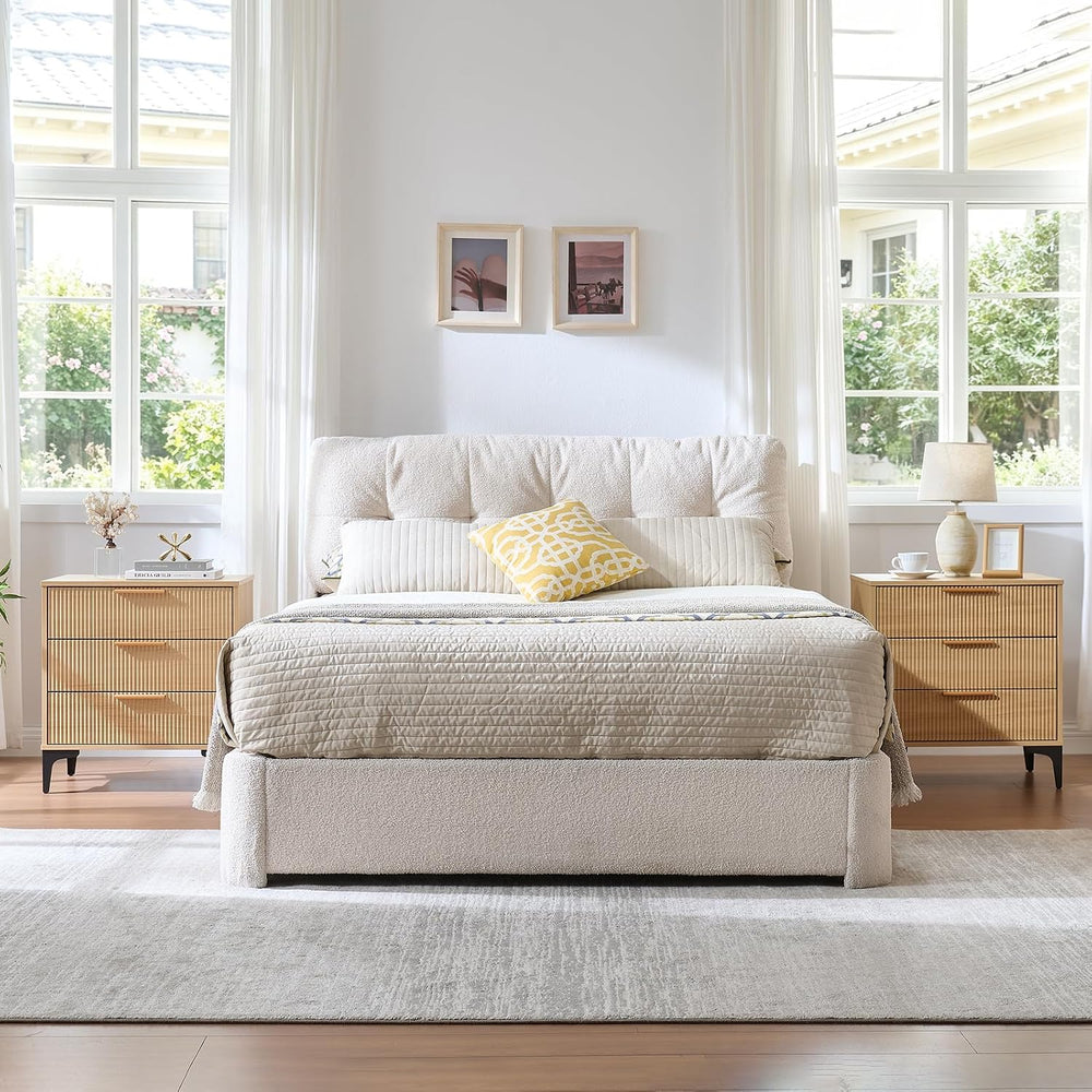Fluted Nightstand, 23" Wide Accent Side Table with 3 Large Storage Drawers
