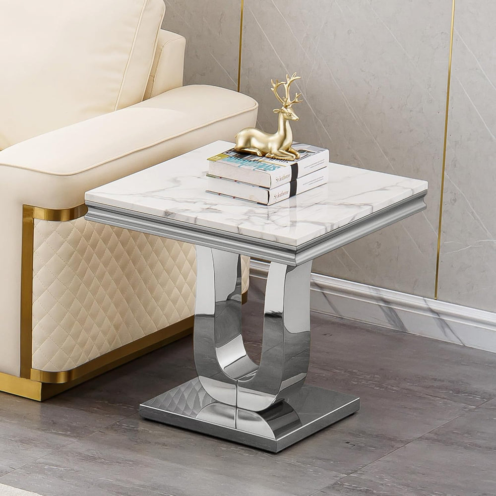 Faux Marble End Table, Modern Rectangular Conner Table with Faux Marble Top U...