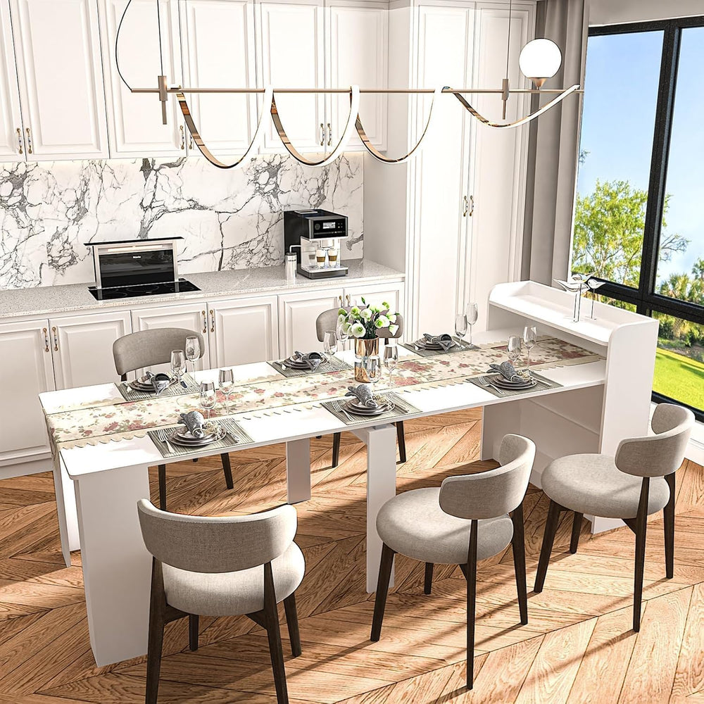 Transformer Extendable Dining Table for 2-10 People with storage, White | Exp...