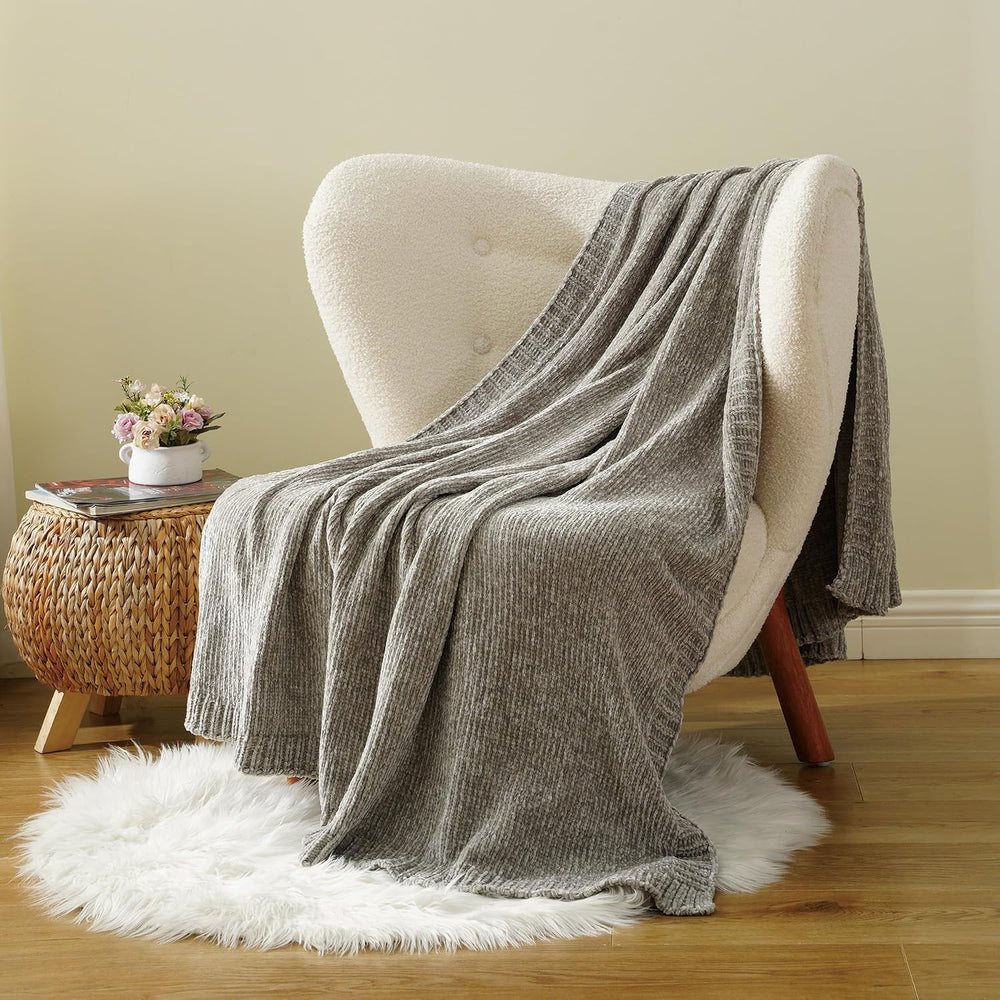 Chenille Throw Blanket for Couch Sofa, Light Grey Throw Blanket 51"x67&q...
