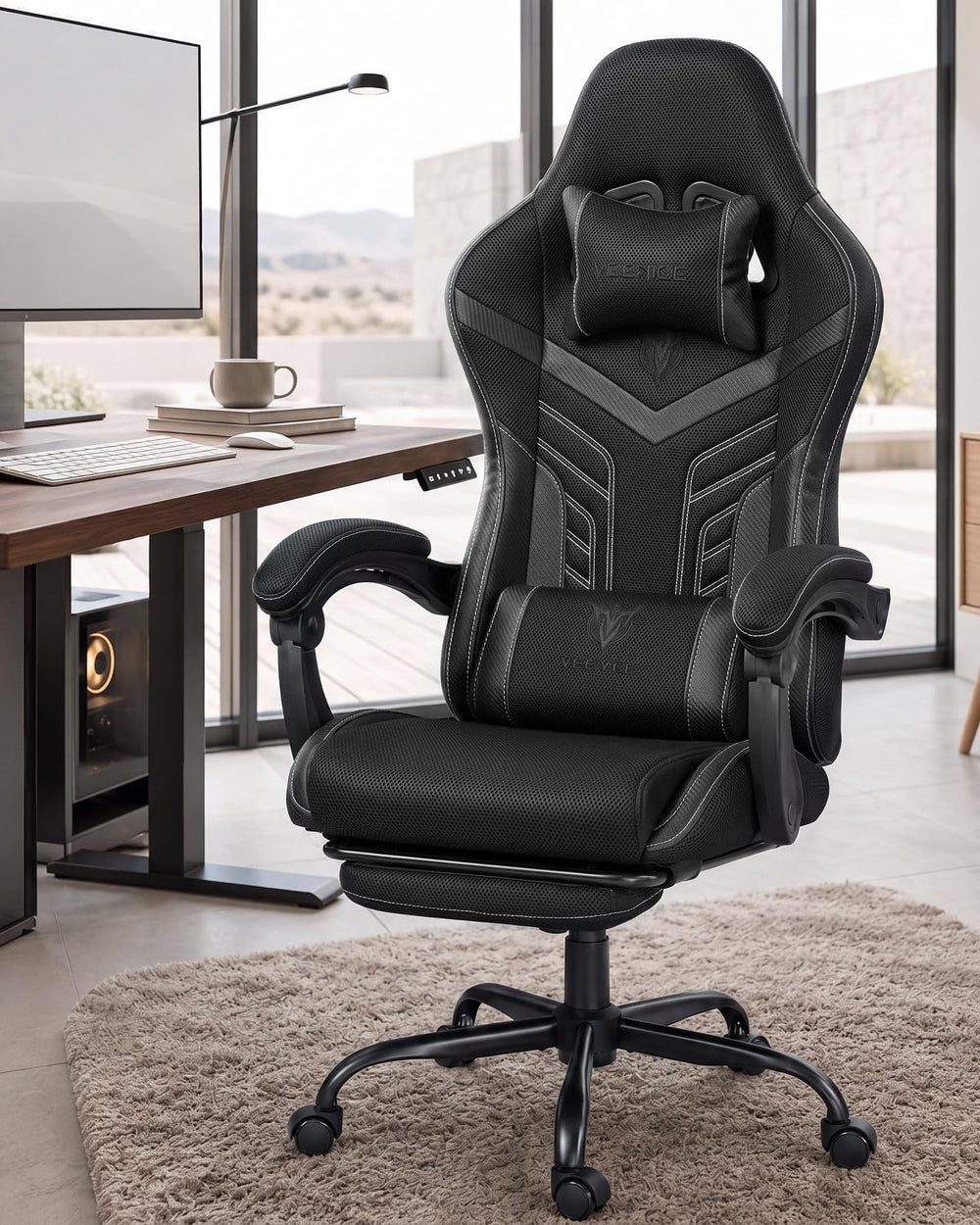 Ergonomic Gaming Chair with Footrest for Adults, Leather Mesh