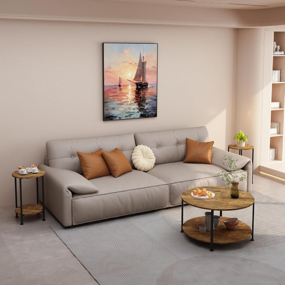 3 Piece Coffee Table Set, Round Coffee and 2 End Tables Rustic Brown | Round ...