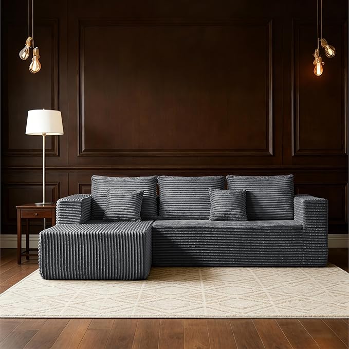 106" Dark Gray Corduroy Boneless Modular Sectional Sofa, Cloud-Louch Deep Seat Sofa with Left Chaise for Living Room & Bedroom(L-Shaped Right Hand Facing)