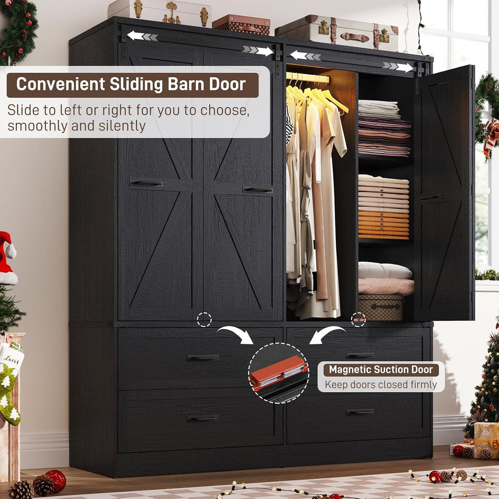 Farmhouse 4 Doors Armoire Wardrobe Closet w/Folding Sliding Barn Door and Lig...