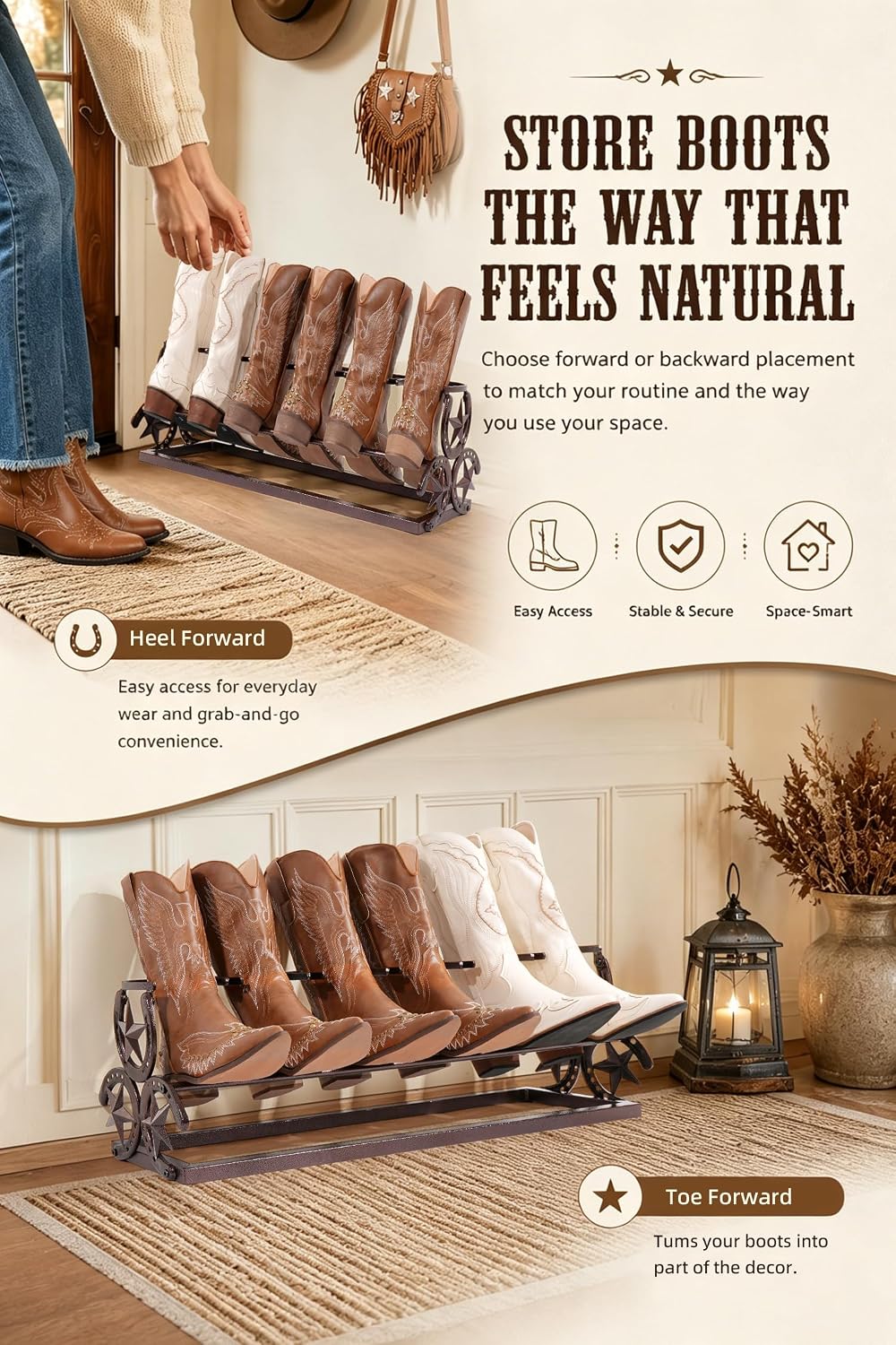 Western Horseshoe Boot Rack, 3 Pairs Freestanding Metal Boot Stand, Bronze | ...