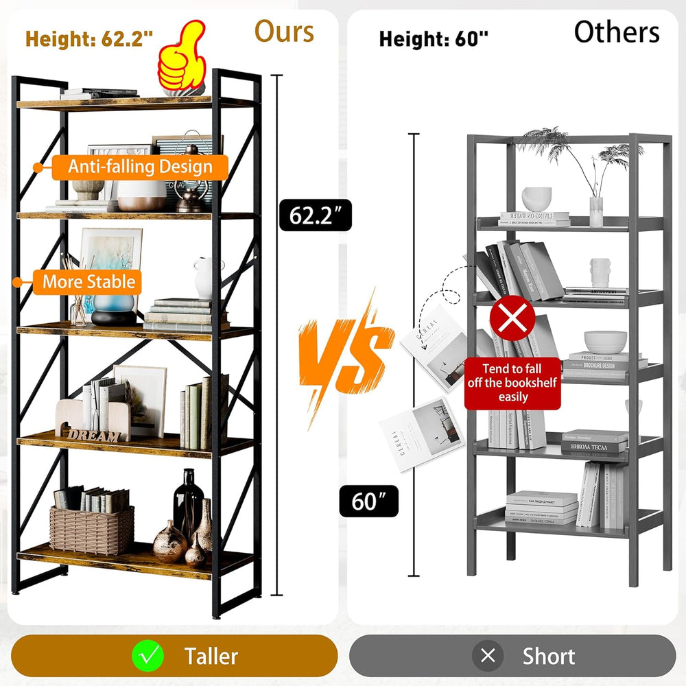 Shintenchi 5 Tiers Bookshelf, Classically Tall Bookcase Shelf, Industrial Boo...