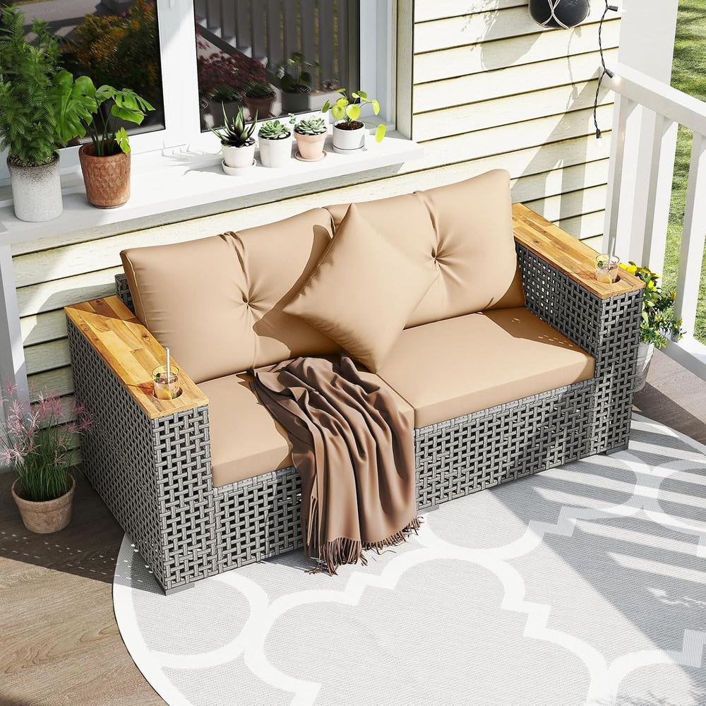 Tangkula 62.5" Patio Wicker Loveseat with Acacia Wood Armrest & Cup ...