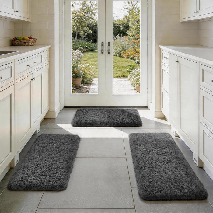 Ophanie Small Rug Washable Non Slip Throw Bedside Area Rugs, Fluffy Soft Mini Bedroom Carpet, 1.5x2.5,1.5x4 and 1.5x5 Rug Set, 3 Piece Grey with Over 99 pcs Pile fibers
