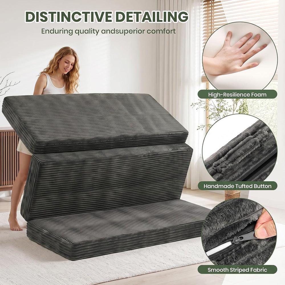 6" Tri-Fold Folding Mattress Queen Size, Thick Corduroy Fabric Foldable ...