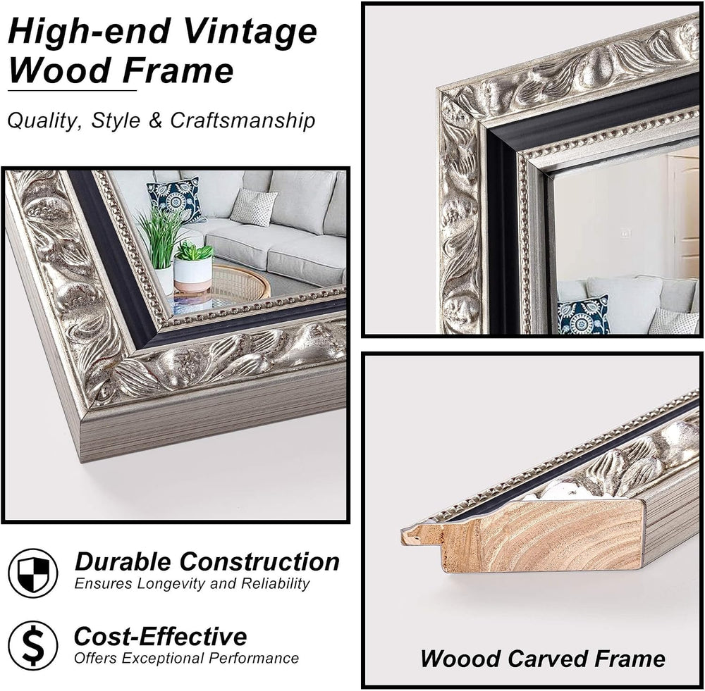 46x22 Inch Baroque Carved Solid Wood Wall Mirror, Antique Silver