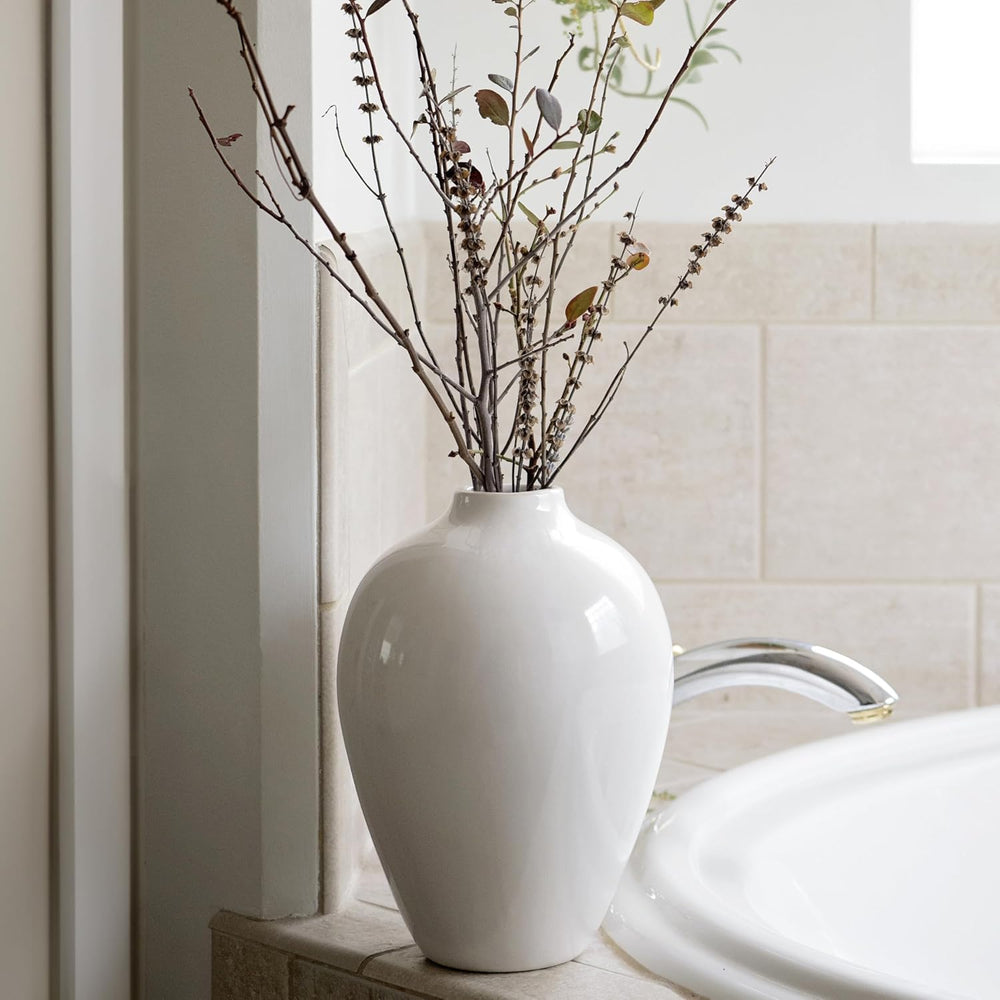 Willowy 10 Inch Elegant Glossy Porcelain Vase - White Ceramic Vase, Large Cer...