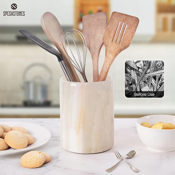Marble Utensil Holder 6.5 Inch Cream Onyx Wooden Cooking Utensils Set & S...