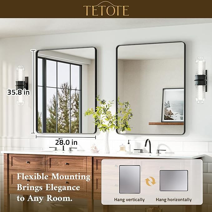 TETOTE Black Mirror 28 x 36 Matte Black Metal Framed Vanity Mirror, Tempered ...