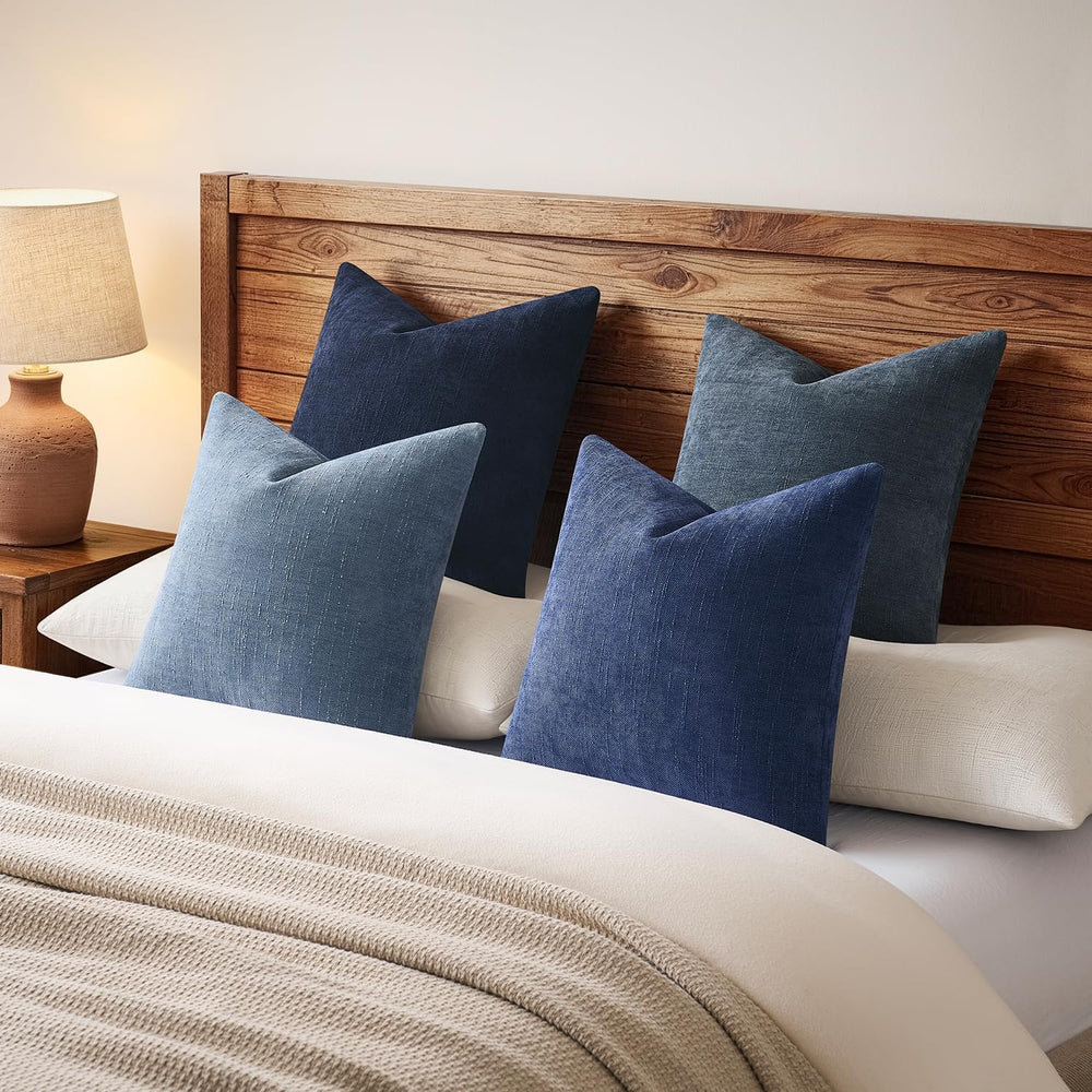 Pack of 4 Throw Pillow Covers 22x22 Inch Chenille Textured Neutral Blue Soft ...