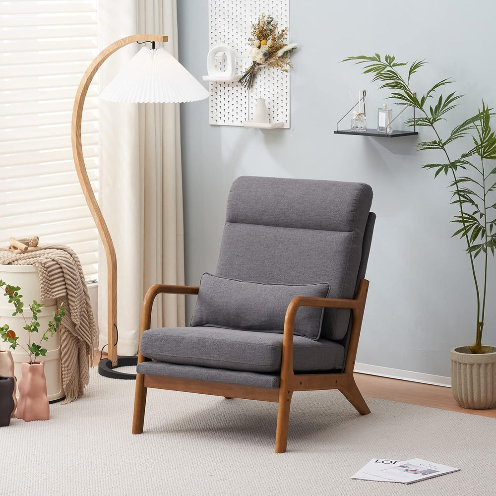Bonnlo High Back Linen Dark Grey Mid Century Modern Accent Chair, Soild Wood ...