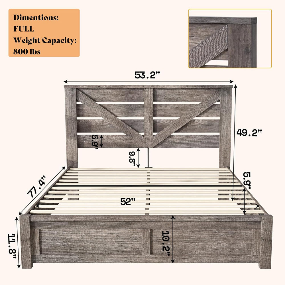 AMERLIFE Farmhouse Full Size Bed Frame with 49.2" Barn Door Headboard, Gray