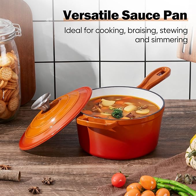 Homikit Small Cast Iron Pot, 2 QT Enameled Cast Iron Sauce Pan