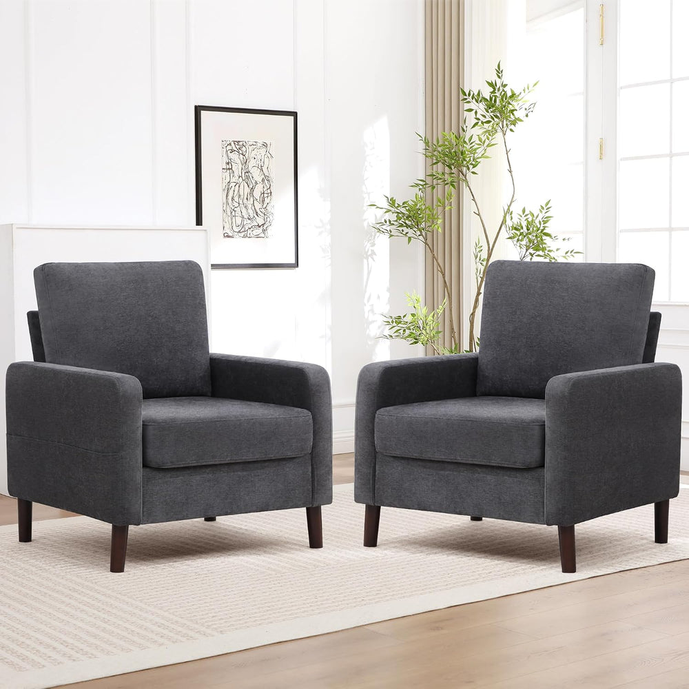 Accent Chair Set of 2, Upholstered Living Room Chairs with Wood Legs and Side...
