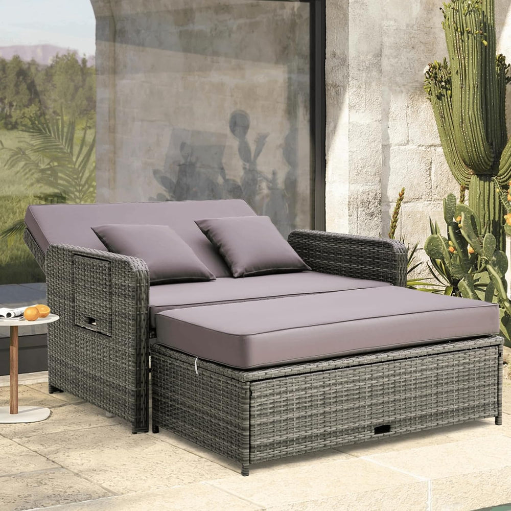 Multigot Double Rattan Daybed, 4-Level Adjustable Wicker Sun Lounger with Sto...